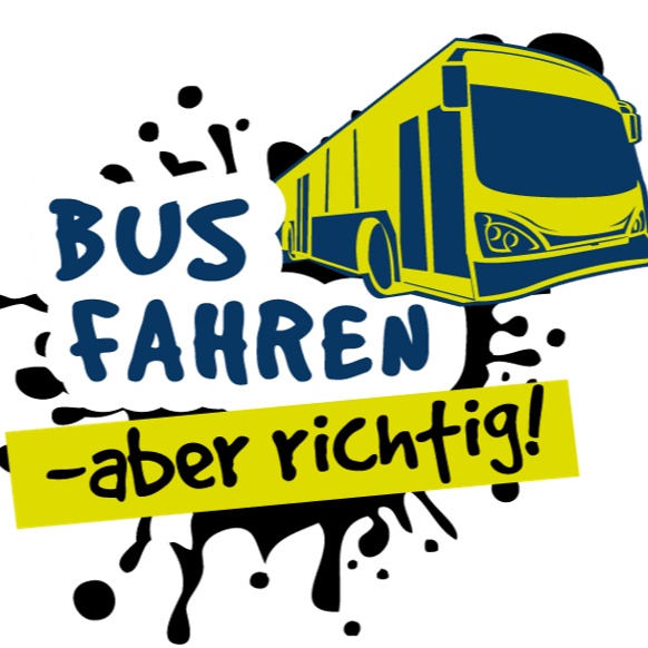 mA von klein auf Dank Partner Grafik Grafik mit einem stilisierten grünen Bus und dem Schriftzug „Bus fahren – aber richtig!“ in dunkelblauen Buchstaben auf Farbklecksen.