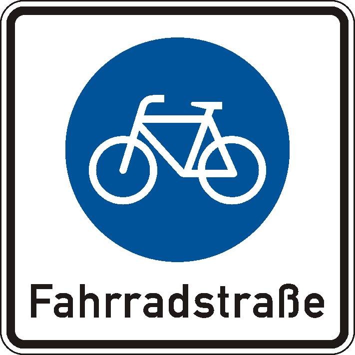 Deutsches Verkehrszeichen „Fahrradstraße“. Es zeigt ein weißes Fahrradsymbol in einem blauen Kreis auf einem viereckigen, weißen Verkehrsschild mit dem Schriftzug „Fahrradstraße“ und einem schwarzen Rand.