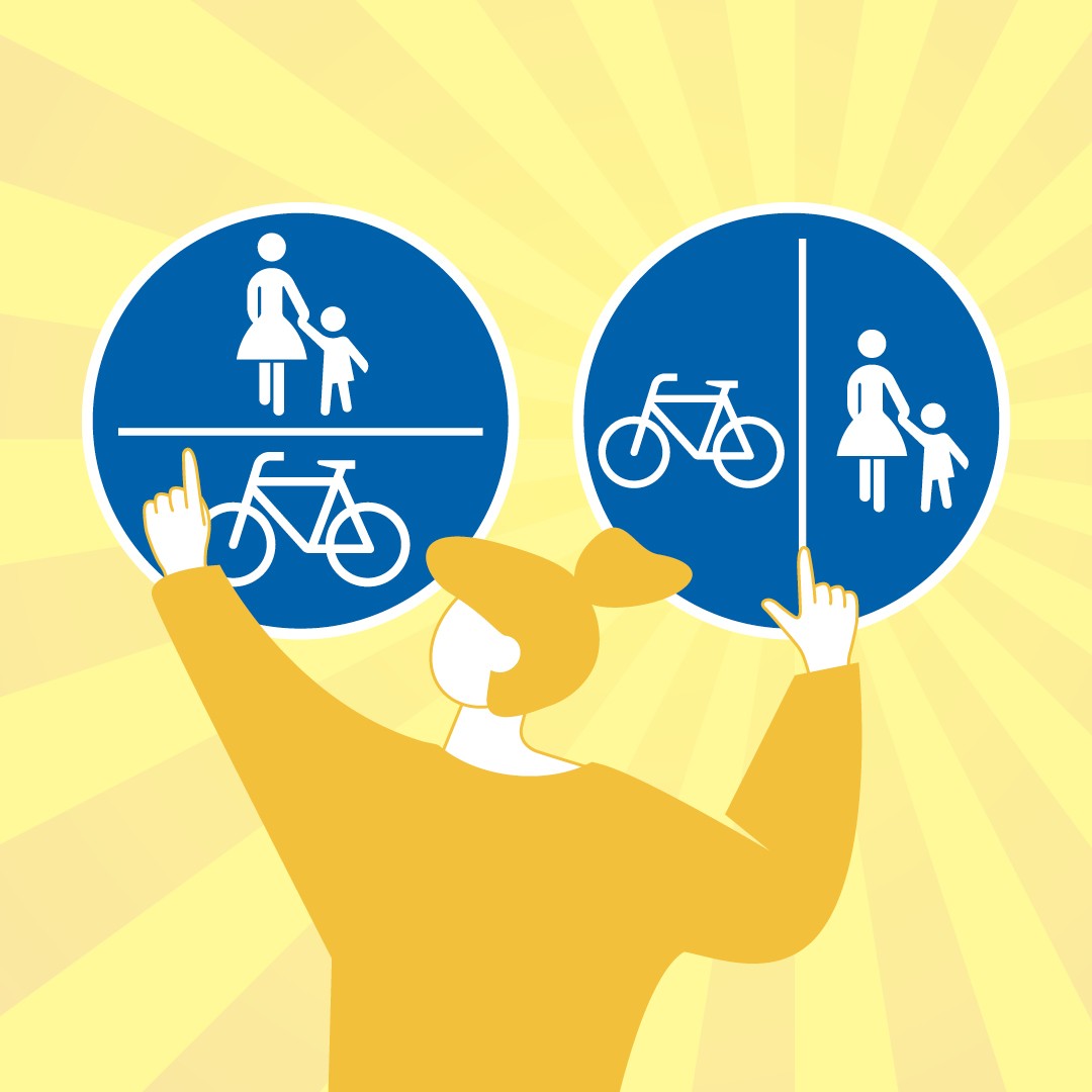 Grafik einer gelben Figur mit zwei blauen Verkehrsschildern: links zu Fuß Gehende oben, Fahrrad unten; rechts Fahrrad links, zu Fuß Gehende rechts.