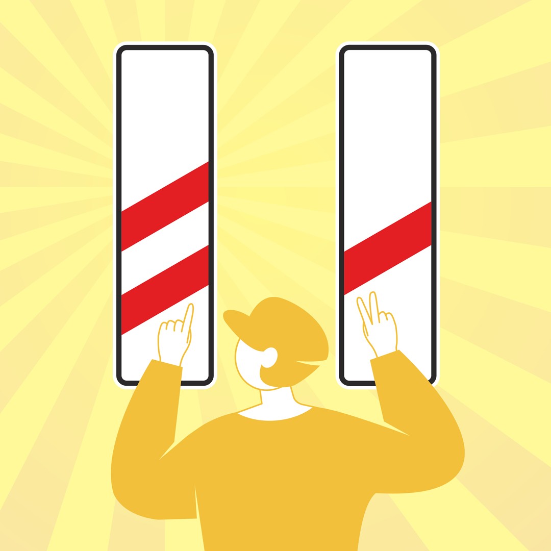 Grafik einer gelben Figur, die vor zwei rechteckigen Schildern steht und Finger hochhält. Das linke Schild hat zwei, das rechte einen diagonalen roten Streifen.