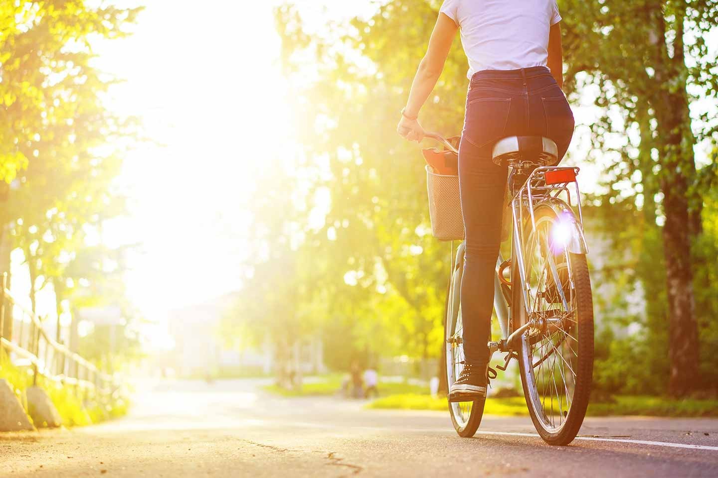 Eine Frau fährt Rad auf einer kleinen Straße. Rechts und links stehen Bäume und im Hintergrund geht die Sonne auf.