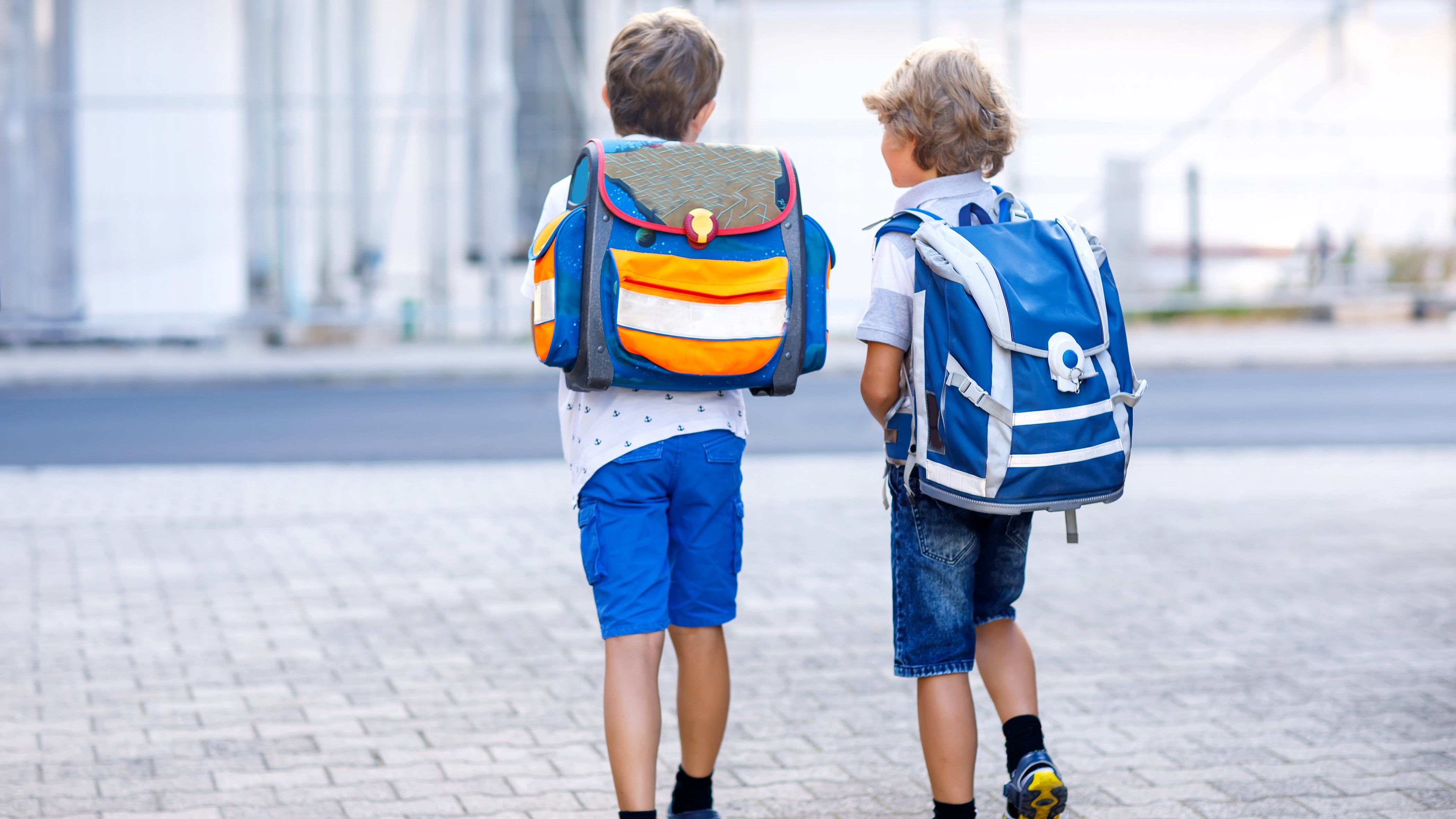 Sicher zur Schule: Zwei Jungen, von hinten gesehen, gehen auf einem gepflasterten Weg. Beide tragen Schulranzen mit Reflektoren. 