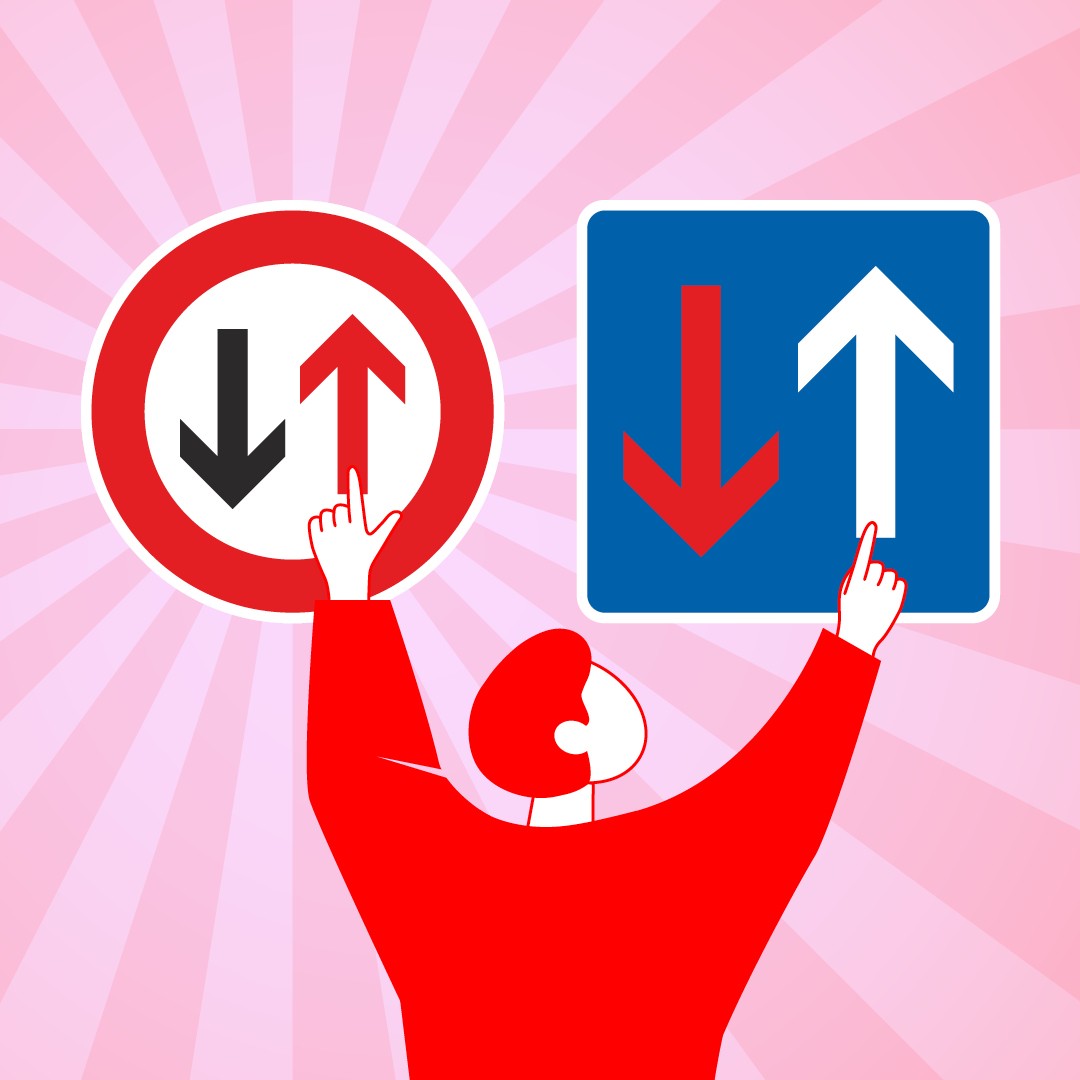 Grafik einer roten Figur mit zwei Vorrangzeichen. Links: rundes Schild mit schwarz-rotem Pfeilpaar. Rechts: blaues Quadrat mit rot-weißem Pfeilpaar.