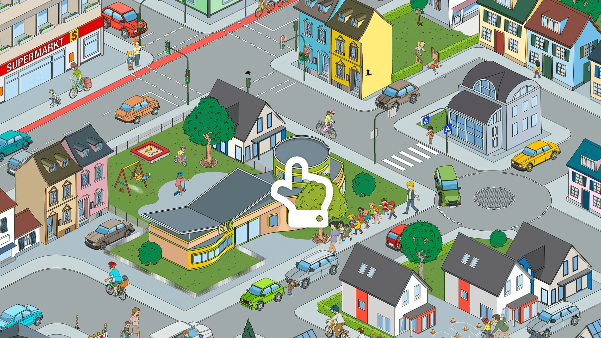 Verkehrssituationen im Wimmelbild Das interaktive Online-Wimmelbild zeigt verschiedene Verkehrssituationen. So sieht man zum Beispiel ein Mädchen mit dem Fahrrad vor einem Zebrastreifen oder eine Kindergartengruppe auf dem Gehweg.