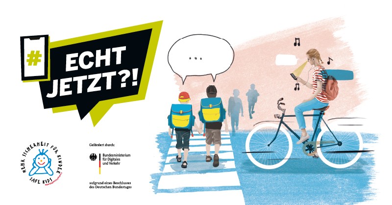echt-jetzt Auf der linken Seite der Grafik befindet sich das Logo der Initiative ECHT JETZT?!, darunter ist das Logo der BAG und des BMDV zu sehen. Rechts befindet sich eine Illustration von Schulkindern auf einem Zebrastreifen sowie einer jungen Frau auf dem Fahrrad. Der
Blick der Frau ist dabei auf das Smartphone in ihrer Hand gerichtet.