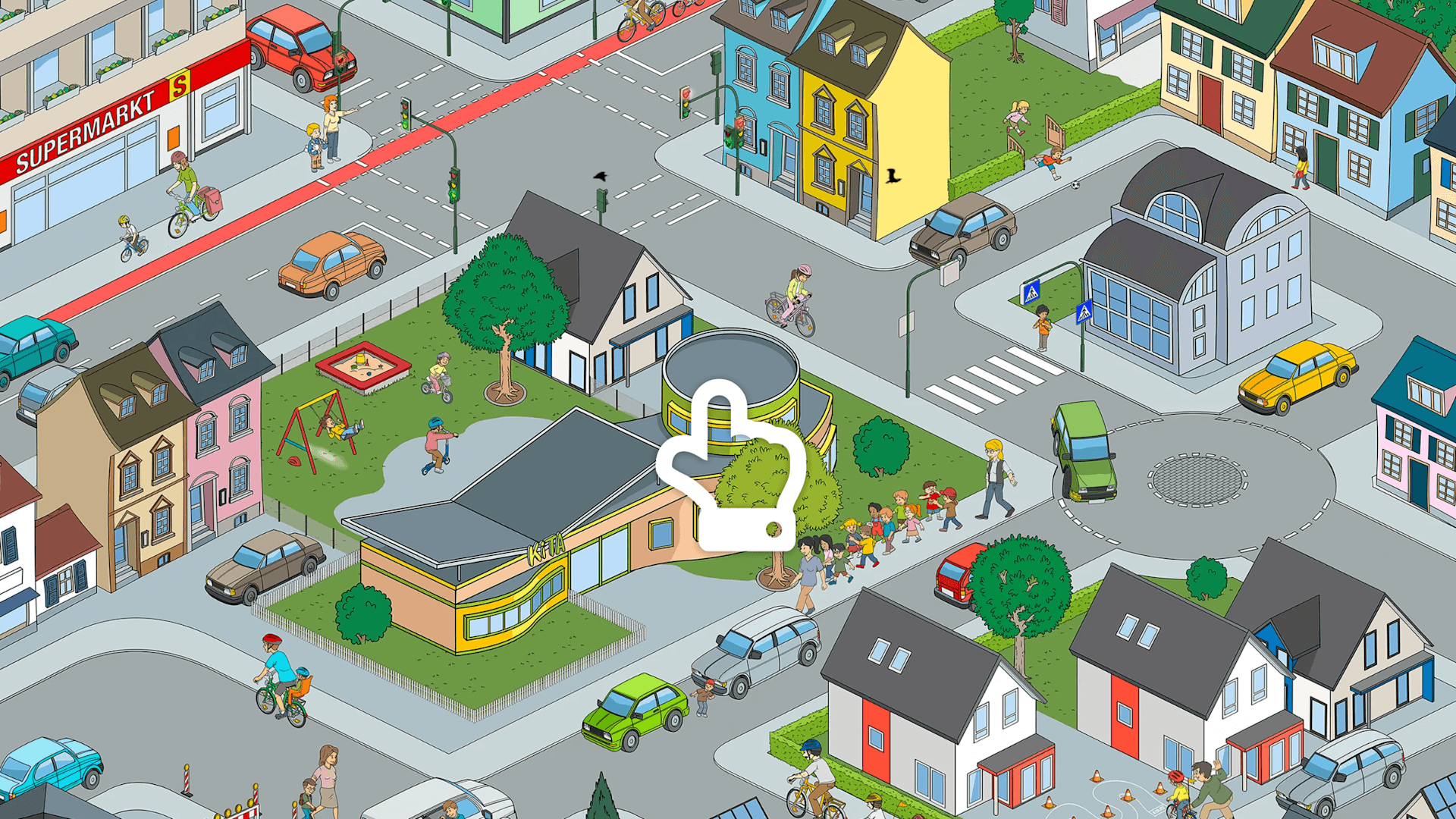 Verkehrssituationen im Wimmelbild Das interaktive Online-Wimmelbild zeigt verschiedene Verkehrssituationen. So sieht man zum Beispiel ein Mädchen mit dem Fahrrad vor einem Zebrastreifen oder eine Kindergartengruppe auf dem Gehweg.