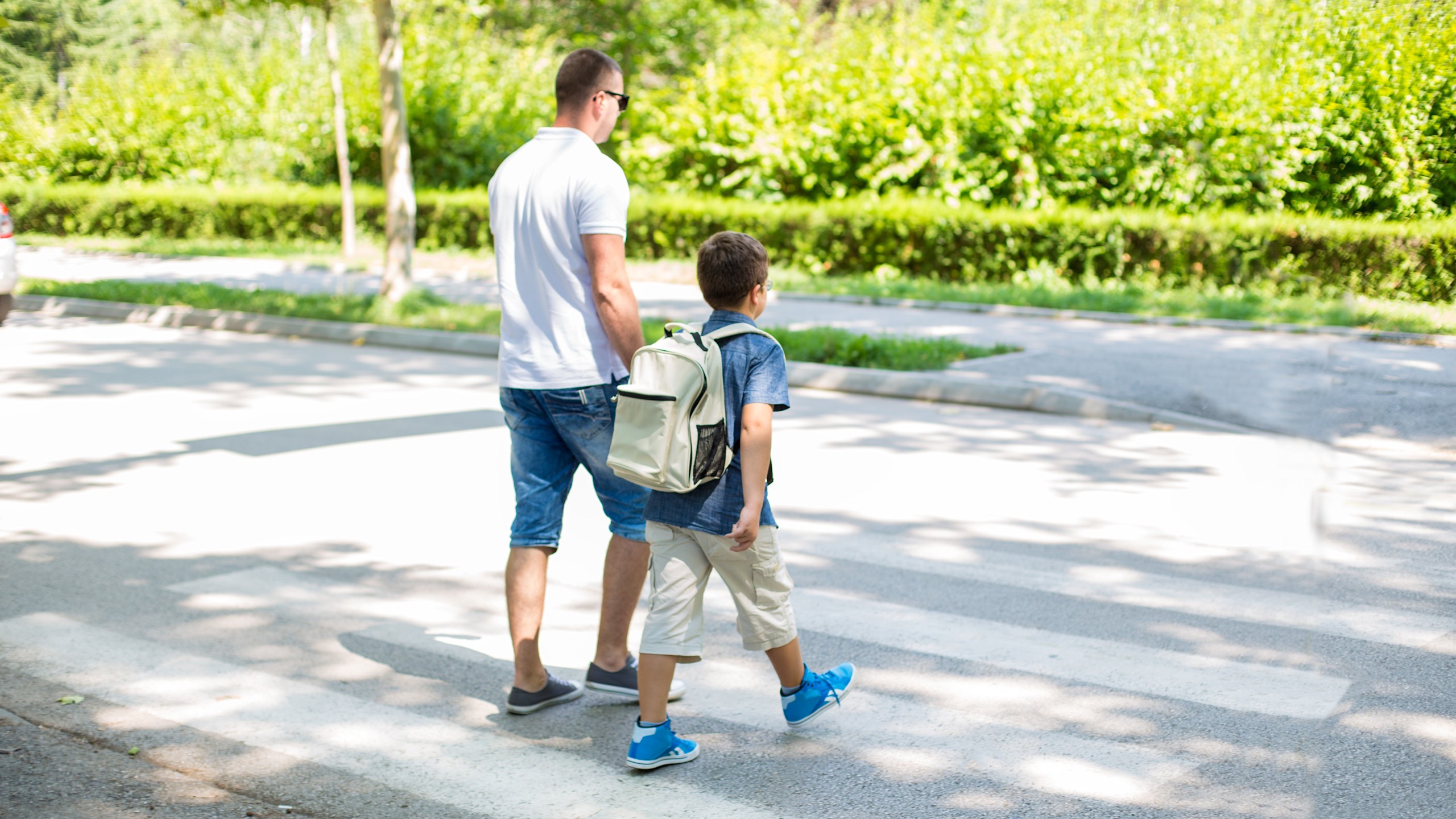 7 Tipps Schulweg Straße überqueren Ein Vater überquert mit einem Kind an der Hand und Rucksack gemeinsam einen Zebrastreifen.