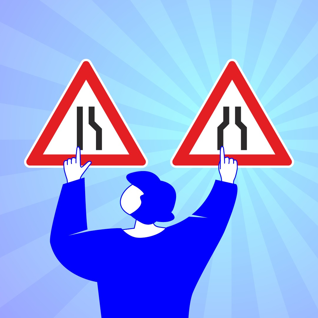 Grafik einer Figur, die zwei dreieckige Verkehrszeichen hochhält. Beide warnen vor Fahrbahnverengungen, aber von unterschiedlichen Seiten.